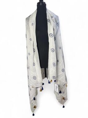 Rhea Evil Eye Beach Sarong Wrap Scarf White Cotton Navy Gold Tassels NEW